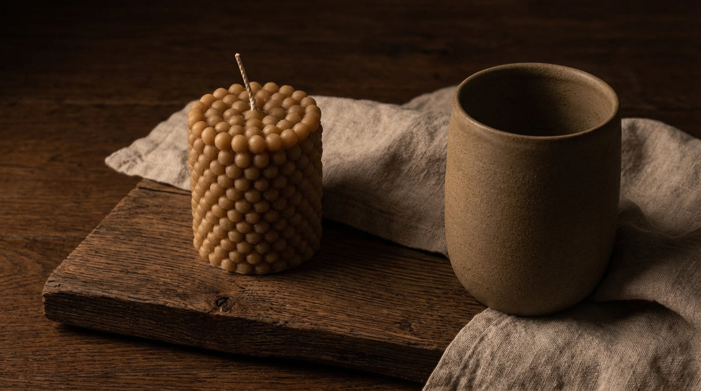 Textured candle and ceramic cup on a wooden surface with a cloth background