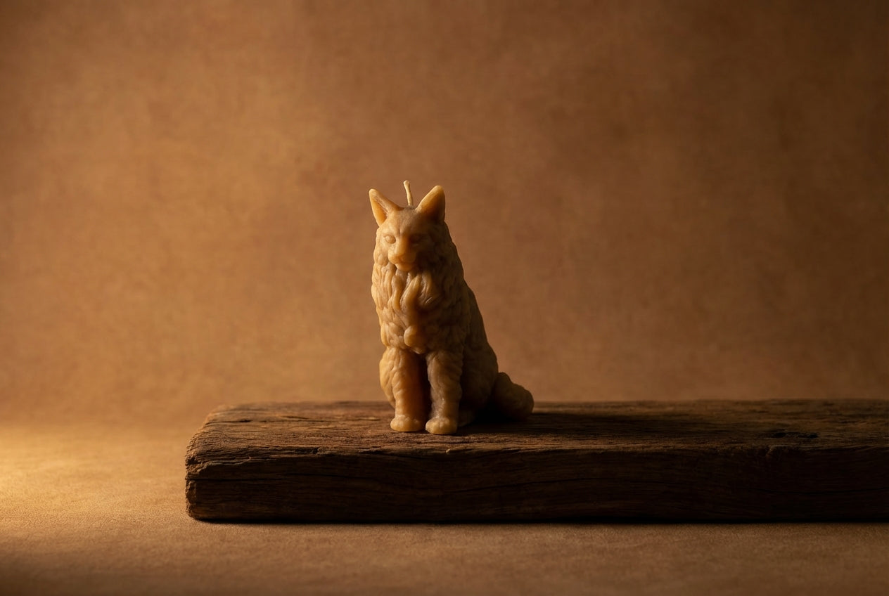 beeswax Sculpture of a cat on a wooden platform with a warm brown background
