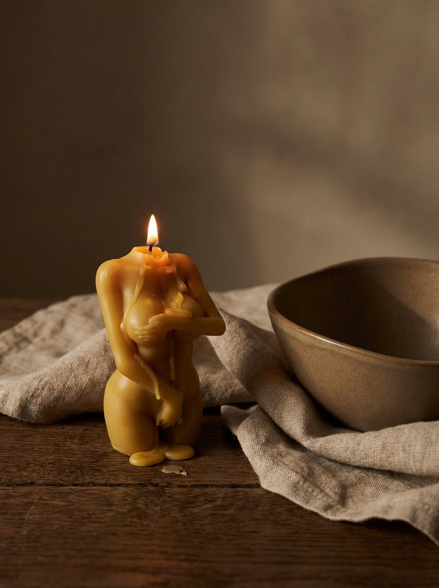 beeswax Candle shaped like a nude figure on a wooden surface with a bowl and cloth in the background
