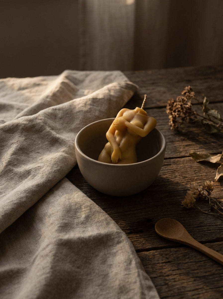 Ceramic bowl with a beeswax candle on a wooden surface with a cloth and spoon.