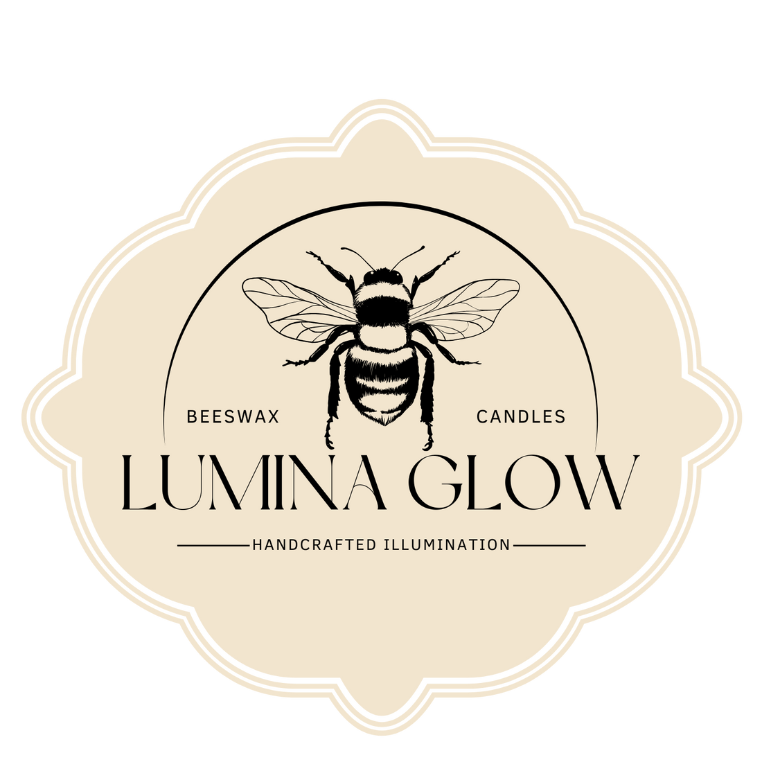 Lumina Glow beeswax candles logo with a bee illustration on a beige background
