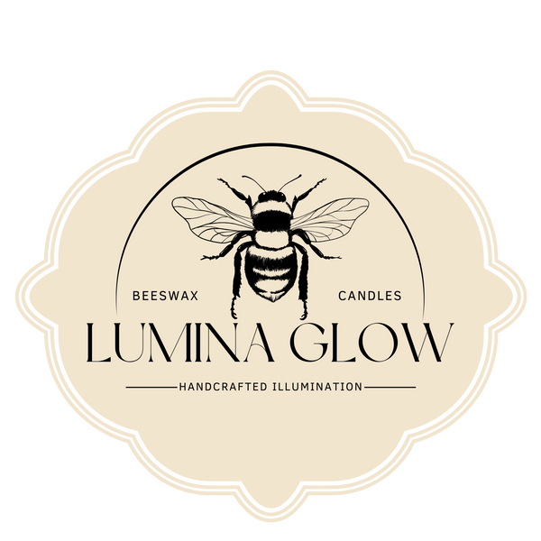 Lumina Glow beeswax candles logo with a bee illustration on a beige background
