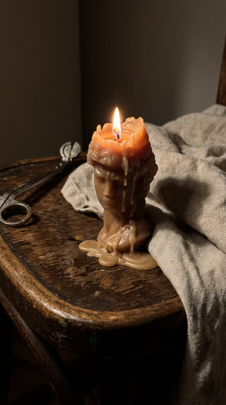 Candle shaped like a face on a wooden surface with a dark background